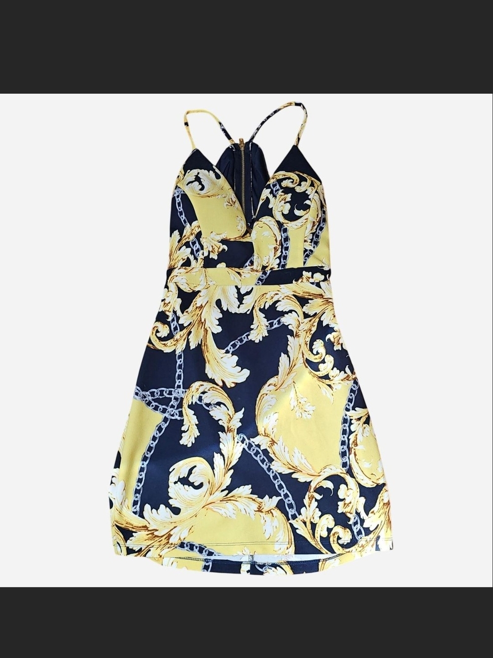 Emerald Navy and Yellow Baroque Print Mini Dress